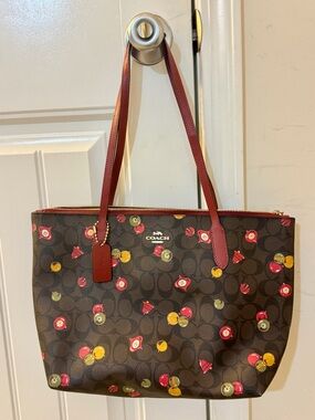 Authentic Coach Brown Signature Tote with Christmas Ornaments